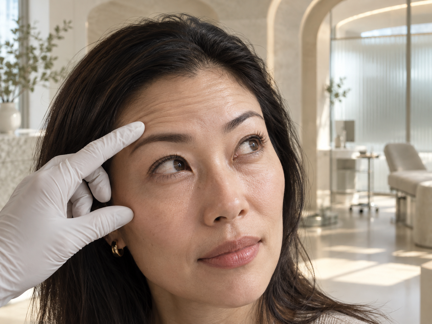 An East Asian woman having her brow movement assessed before treatment