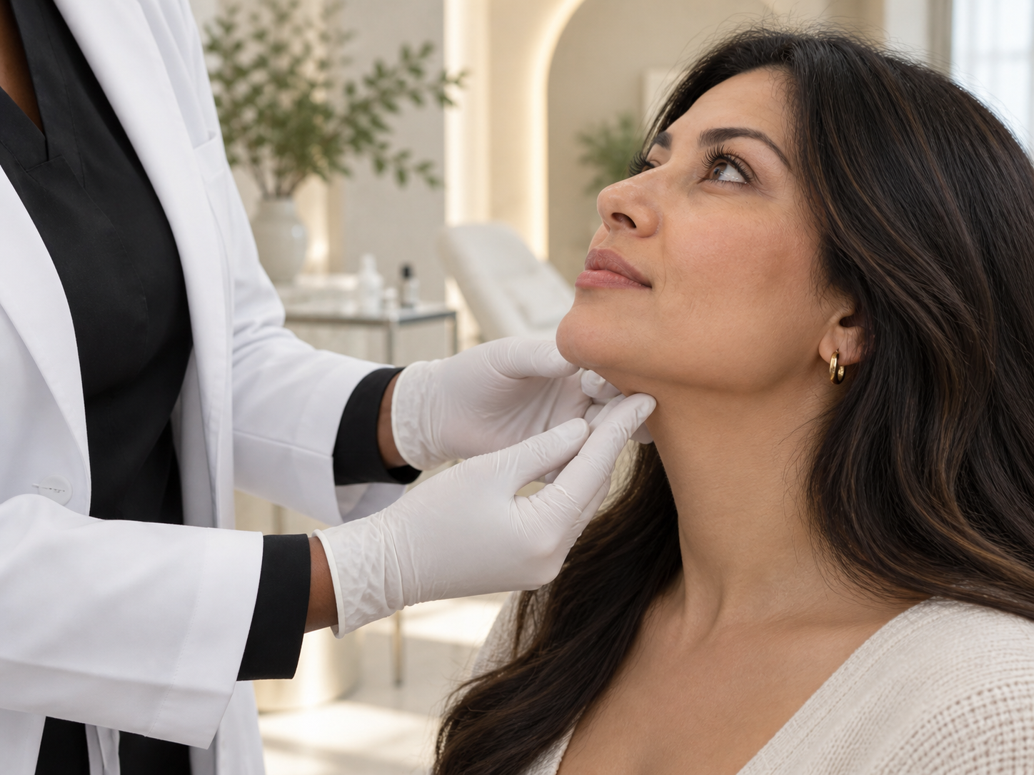 Cleo assessing a client’s under-chin area before treatment