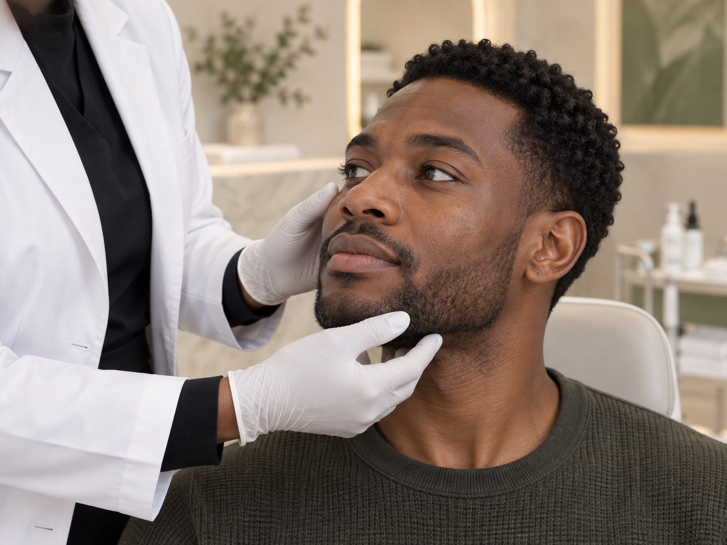 Cleo assessing a male client’s facial proportions before treatment