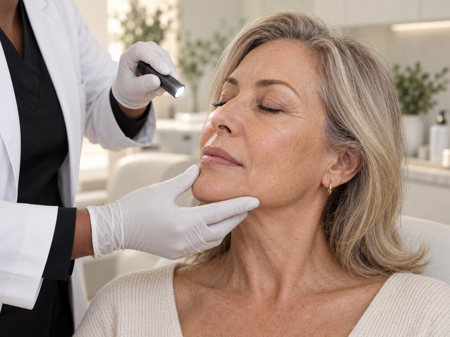 Cleo examining a mature client’s skin during a consultation